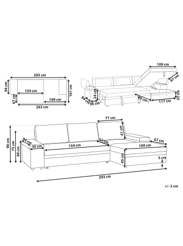 Beliani 3-Sitzer Sofa HRISEY in Weiß/Schwarz - (W) 293 x (H) 90 x (L) 161 cm