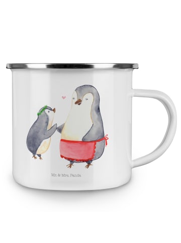 Mr. & Mrs. Panda Camping Emaille Tasse Pinguin mit Kind ohne Spruch in Weiß