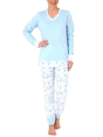 NORMANN Pyjama Schlafanzug langarm Bündchen florales Muster in hellblau