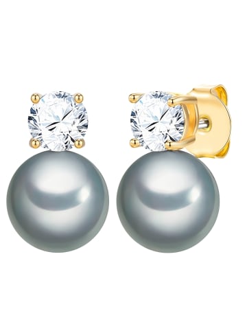 Lulu & Jane Perlen-Ohrstecker aus Messing mit Zirkonia und Glasperle in grau