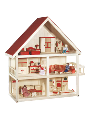 roba Holz-Puppenhaus natur – Puppenvilla mit Möbeln & Puppen für Mädchen