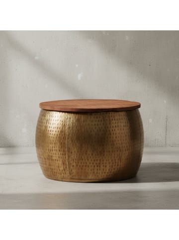 KADIMA DESIGN Moderner Couchtisch "Aurora" aus Massivholz, Braun/Gold, mit Stauraum