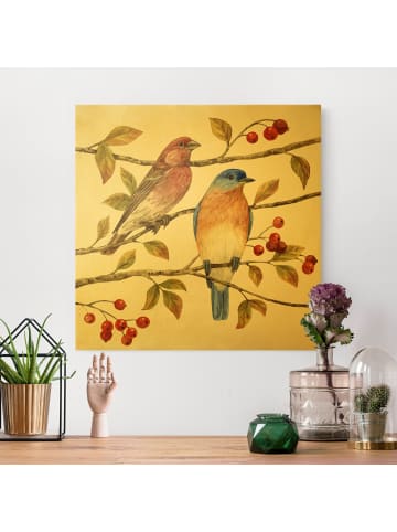 WALLART Leinwandbild Gold - Vögel und Beeren - Hüttensänger in Weiß