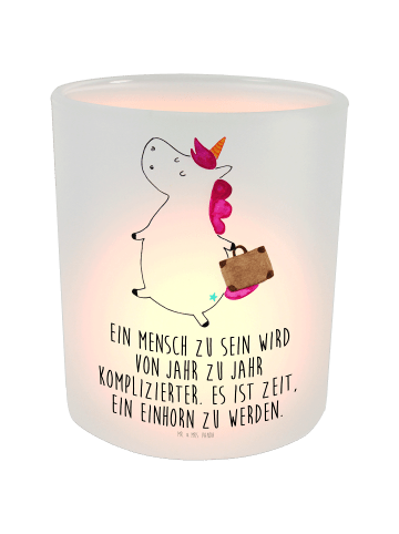 Mr. & Mrs. Panda Teelichthalter Glas Einhorn Koffer mit Spruch in Transparent