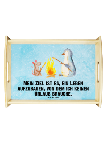Mr. & Mrs. Panda Tablett Holz Pinguin Lagerfeuer mit Spruch in Eisblau