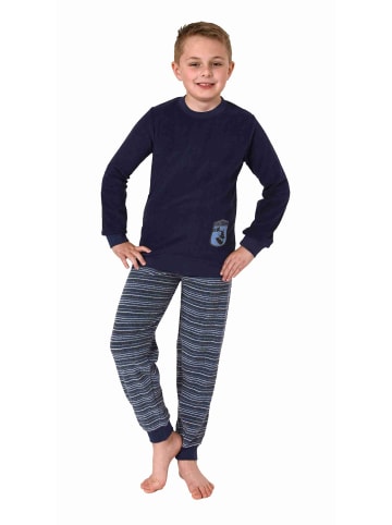 NORMANN Frottee langarm Schlafanzug Pyjama Bündchen und Skaterboard - 77094 in blau
