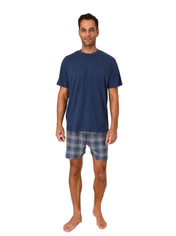 NORMANN Schlafanzug kurzarm Shorty mit karierter Jersey Hose in navy