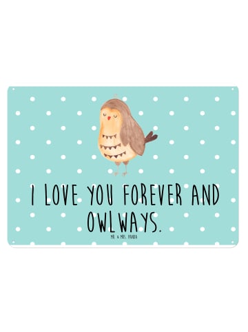 Mr. & Mrs. Panda Blechschild Mit Spruch Eule Zufrieden mit Spruch in Türkis Pastell