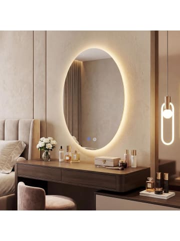 COSTWAY Badspiegel mit Beleuchtung oval 70 x 50cm in Silber