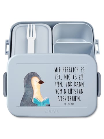 Mr. & Mrs. Panda Meal Prep Box Pinguin Buch Motiv mit Spruch in Blau Pastell