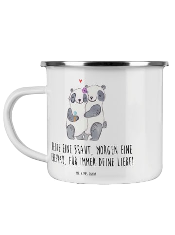 Mr. & Mrs. Panda Emaille Tasse Camping Braut Liebe mit Spruch in Transparent