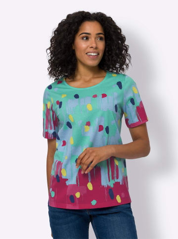 Sieh an! Kurzarmshirt in blaugrün-pink-bedruckt