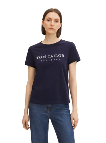 Tom Tailor 2-er Set T-Shirt mit Logo Stickerei PRINT CREW NECK in Weiß-Dunkelblau