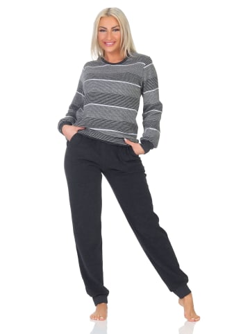 NORMANN Frottee Schlafanzug langarm Bündchen Streifenoptik - 87178 in grau-mel.