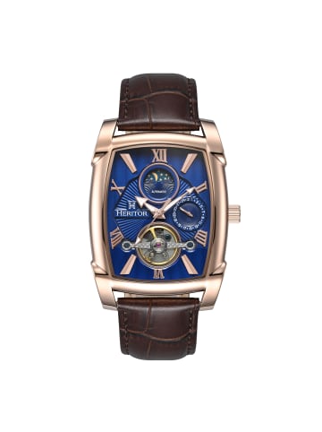 Heritor Valentin Lederarmbanduhr mit Datumsanzeige in Rose Gold/Brown