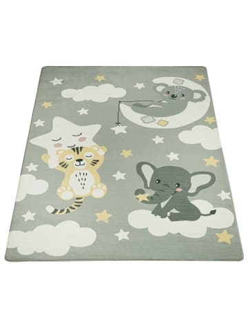 KADIMA DESIGN Kinderteppich waschmaschinenwaschbar Tiere auf Wolken Kinderzimmer in Grau