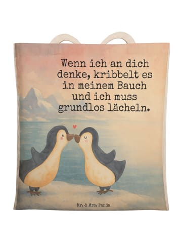 Mr. & Mrs. Panda Einkaufstasche Pinguine Kuss Design mit Spruch in Weiß