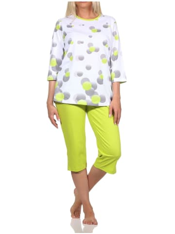 NORMANN Kurzarm Capri Schlafanzug Pyjama Tupfen Punkte Look in grün