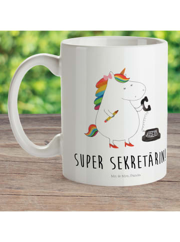 Mr. & Mrs. Panda Kaffeebecher Einhorn Sekretärin mit Spruch in Weiß