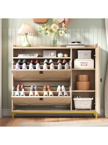 ABRIHOME Schuhschrank in Natur mit Klappdeckel Seitenschrank Metallgestell