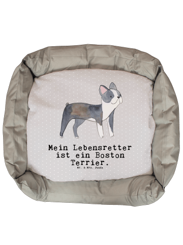 Mr. & Mrs. Panda Hundebett Boston Terrier Lebensretter mit Spruch in Grau Pastell