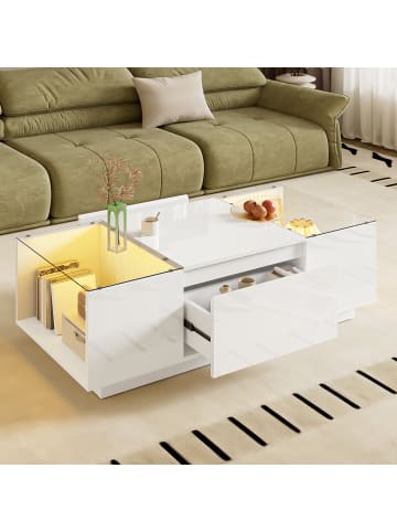 ABRIHOME 105 cm Couchtisch mit Stauraum, LED, Glasplatte und 2 Schubladen, Weiß