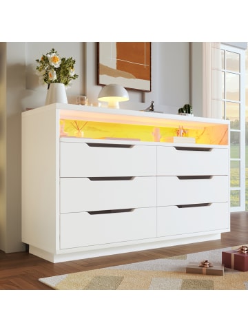 ABRIHOME Sideboard in Weiß mit LED Beleuchtung und 6 Schubladen 120x40x85 cm