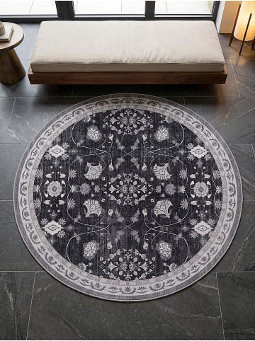 KADIMA DESIGN Kurzflor-Teppich waschbar VERNANTE Palmetten Flur in Schwarz-Creme-Grau