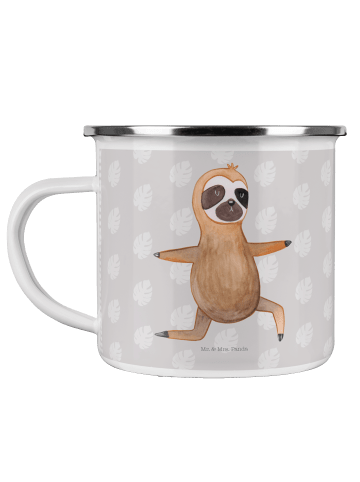 Mr. & Mrs. Panda Camping Emaille Tasse Faultier Yoga ohne Spruch in Grau Pastell