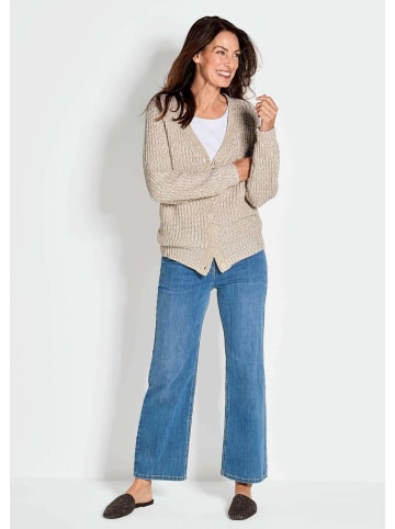 GOLDNER Cardigan Langarm Strickjacke mit V-Ausschnitt in stein / weiß / gemustert