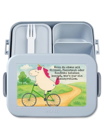 Mr. & Mrs. Panda Vesperbox Einhorn Radfahrer Design mit Spruch in Blau Pastell