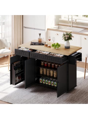 ABRIHOME Kücheninsel mit klappbarer Arbeitsplatte in Schwarz - 137 x 89.5 x 45 cm