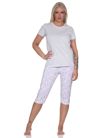 NORMANN Capri Pyjama Schlafanzug Streifen Hose & Rundhals - 79877 in grau