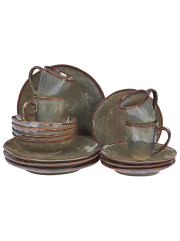 Beliani 16-tlg Tafelservice THYME in Grün/Braun
