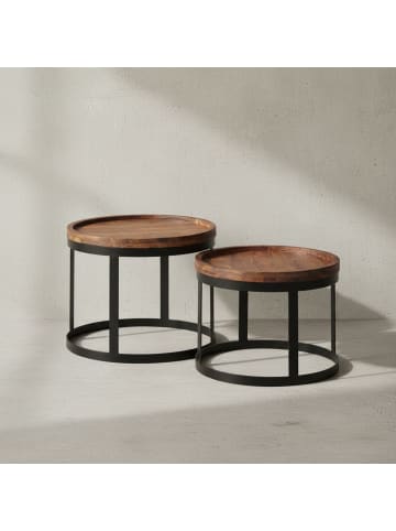 KADIMA DESIGN Beistelltisch-Set Massiv | 2 Runde Tische, Metallgestell in Braun
