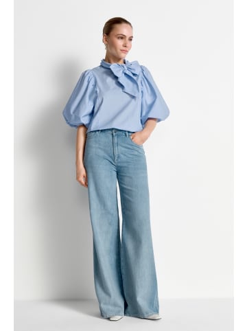 Rich & Royal Cotton Striped Blouse with Removable Bow in Skyway Blue