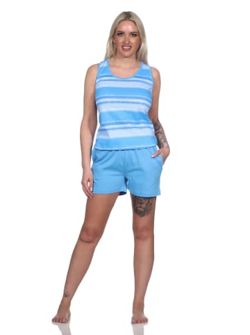 NORMANN ärmellose Schlafanzug Shorty Pyjama frohen Streifen Look in blau