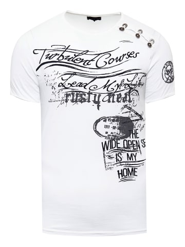 Rusty Neal Oil-Washed T-Shirt mit Seitlicher Knopfleiste und Prints in Weiß