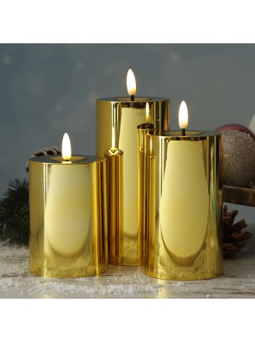MARELIDA 3x LED Kerze in veschiedenen Größen D: 7,5cm in gold glänzend
