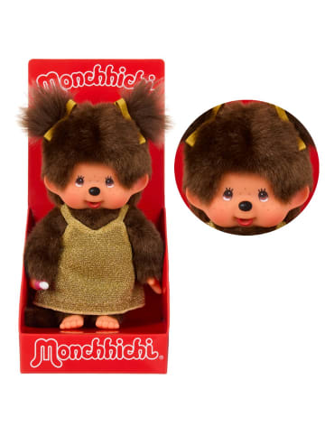 Monchhichi Mädchen im gold Glitter-Kleid | 20 cm | Monchhichi Puppe | zwei Zöpfe