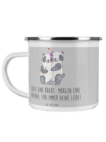 Mr. & Mrs. Panda Camping Emaille Tasse Braut Liebe mit Spruch in Heather Grey