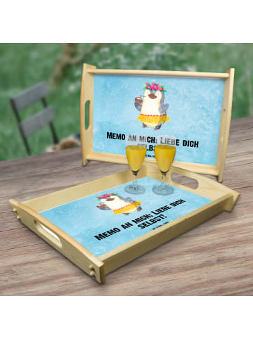 Mr. & Mrs. Panda Servierplatte Holz Pinguin Kokosnuss mit Spruch in Eisblau