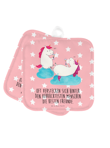 Mr. & Mrs. Panda 2er Set Topflappen  Einhorn Sekt mit Spruch in Rot Pastell