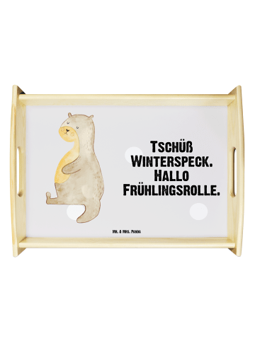 Mr. & Mrs. Panda Holztablett Otter Bauch mit Spruch in Grau Pastell