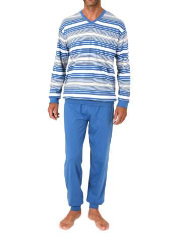 NORMANN Langarm Schlafanzug Pyjama Bündchen Streifen auch in Übergröße in blau1