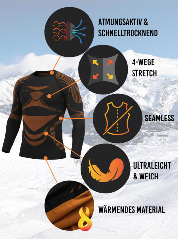normani 2 x Thermooberteil Langarm Shirt Skiunterwäsche für Herren in Schwarz/Orange