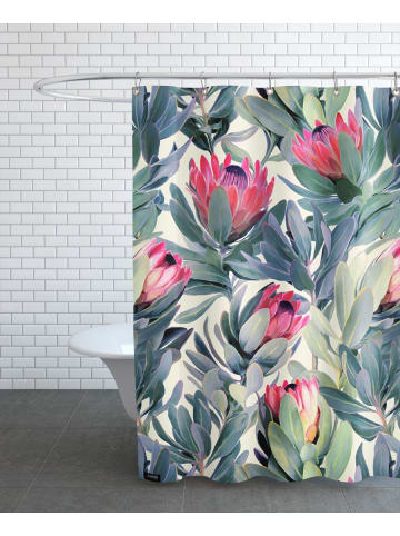 Juniqe Duschvorhang "Painted Protea Pattern" in Grün & Rosa