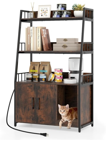 COSTWAY Katzenschrank mit Bücherregal in Braun