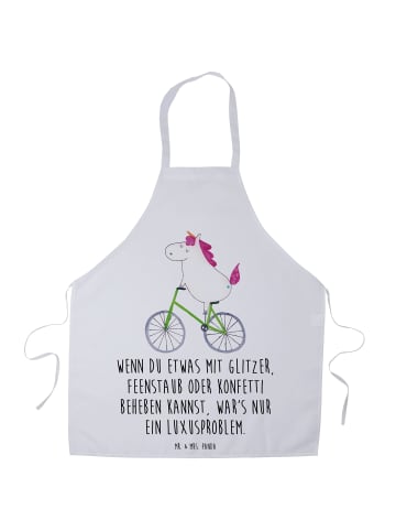 Mr. & Mrs. Panda Schürze Einhorn Radfahrer mit Spruch in Weiß