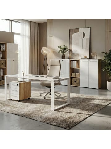 KADIMA DESIGN Büro-Set Schreibtisch Schrank Container Glasfront in Chalet-Eiche-Nb.-Weiß